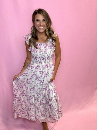 White & Purple Floral Maxi Dress