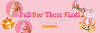 Promotional banner with pumpkins, mugs, and text on a pink background