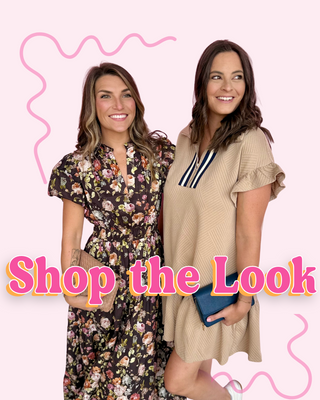 Two women posing together with text 'Shop the Look' on a pink background