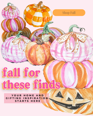 Illustration of pumpkins with text 'fall for these finds' on a white background
