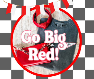 Black sweatshirt with red accessories on a checkered background with 'Go Big Red!' text.