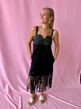 black fringe midi dress