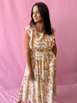 floral maxi dress with ruffle sleeves