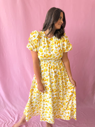 yellow floral maxi dress with sleeves