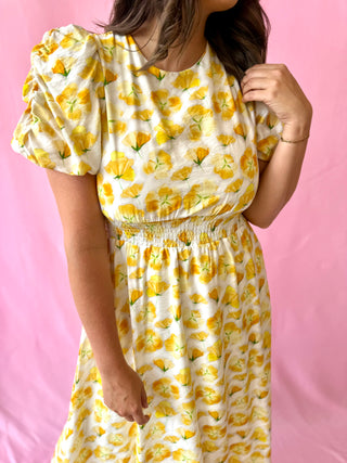 yellow floral maxi dress with sleeves