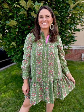 green and pink floral mini dress