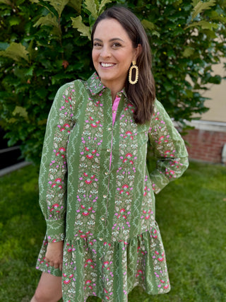 green and pink floral mini dress