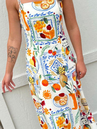 Mediterranean Picnic Floral Pattern Maxi Dress