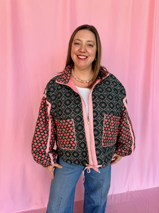 Patchwork Quilted Bomber Jacket- Curvy