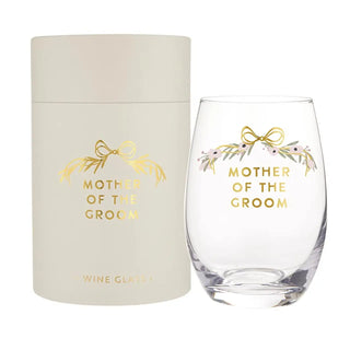 Clear wine glass with 'Mother of the Groom' text and matching box on a white background