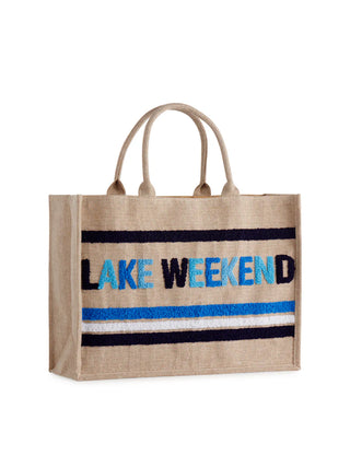 Jute bag with 'Lake Weekend' text on a white background
