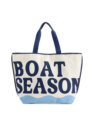 Tote bag with 'BOAT SEASON' text on a white background