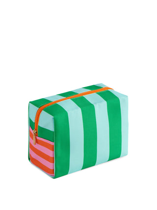 Rectangular striped pouch with green, pink, and orange colors on a white background