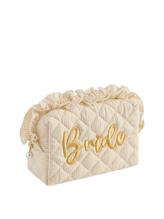 Beige quilted clutch bag with 'Bride' in gold on a white background