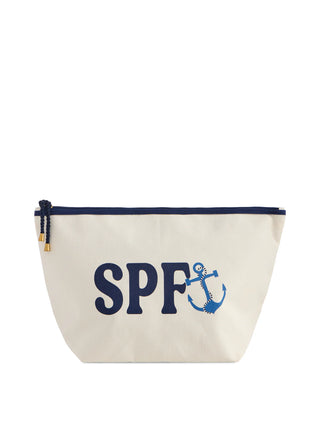 Beige pouch with 'SPF' and anchor design on a white background