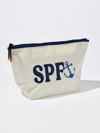 Beige pouch with navy zipper and 'SPF' text on a white background