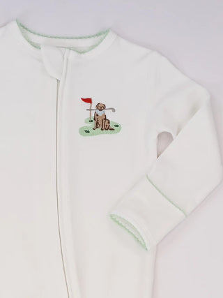 White baby onesie with embroidered design on a light gray background