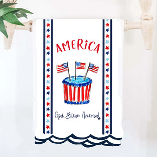 Decorative towel with American flag design and 'America God Bless America' text on a white background.