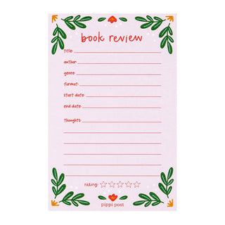 Notepad with book review form on a white background