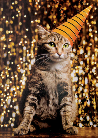 Cat wearing a party hat with a sparkling gold background