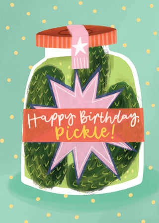 Illustration of a pickle with a star on a green background, featuring the text 'Happy Birthday, Pickle!'.
