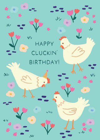 Happy Cluckin' Birthday card with chickens and flowers on a blue background