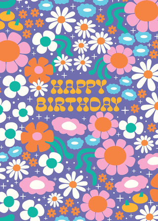 Colorful floral pattern with 'Happy Birthday' text on a purple background