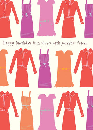 Pattern of colorful dresses with a birthday message on a white background
