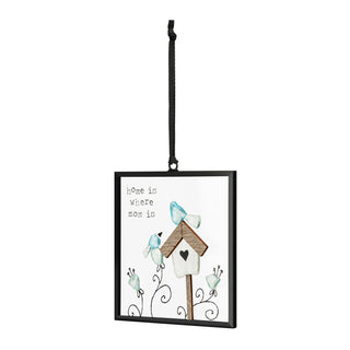 Decorative hanging sign with a birdhouse and birds on a white background