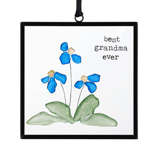 Decorative hanging sign with blue flowers and 'best grandma ever' text on a white background