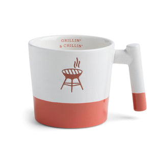 White mug with red bottom and 'Grillin' & Chillin' text and grill icon on a white background