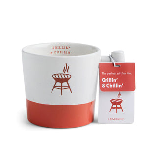 White mug with red bottom and grill graphic, accompanied by a matching gift tag on a white background
