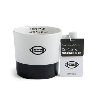 White and black mug with 'Can't talk, football is on' text and Demdaco tag.