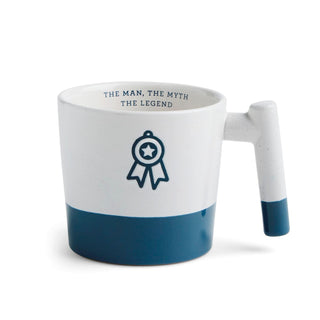 White mug with blue accent and text 'The Man, The Myth, The Legend' on a white background