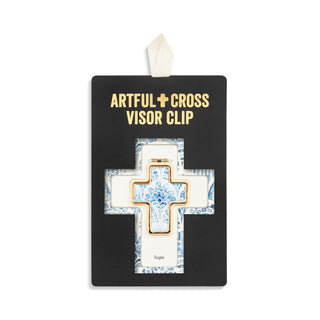 Decorative cross visor clip with floral design on a black card with 'Artful Cross Visor Clip' text.