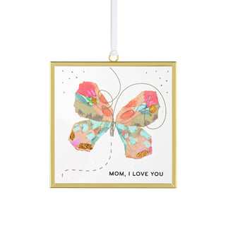 Decorative butterfly ornament with 'Mom, I love you' text on a white background