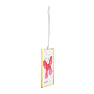 Decorative hanging frame with a pink butterfly design on a white background
