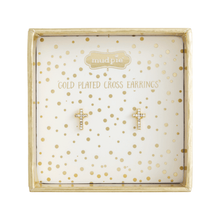 Gold-plated cross earrings in a Mudpie branded box with gold polka dots.
