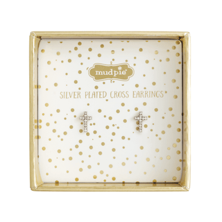 Silver-plated cross earrings in a Mud Pie branded box with gold polka dots.