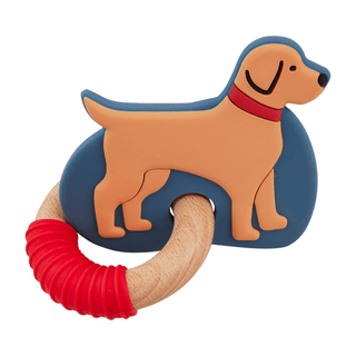 Dog-shaped teething ring with a red handle on a white background