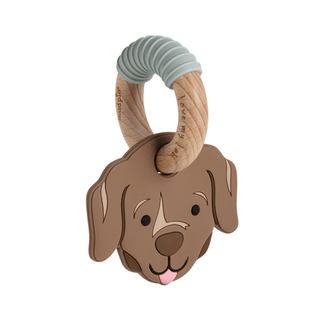 Dog-shaped teething ring with wooden ring and silicone handle on a white background