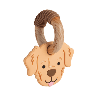 Wooden dog-shaped teething ring with a wooden ring on a white background