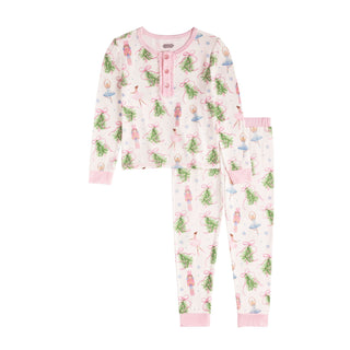 Kids pajama set featuring Christmas trees, nutcrackers, and ballerinas