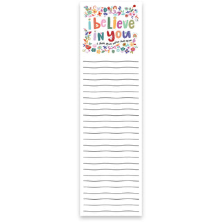 Notepad with 'I believe in you' text and floral design on a white background