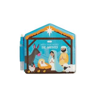 Nativity scene book with illustrations of Mary, Joseph, and baby Jesus in a manger.