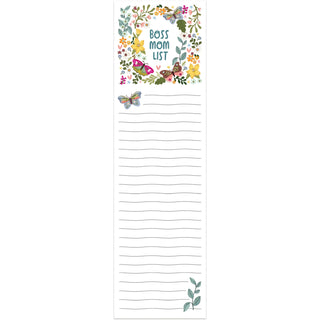 Notepad with floral design and 'Boss Mom List' text on a white background