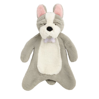 Plush toy resembling a dog with gray fur, white chest, and pink ears on a white background