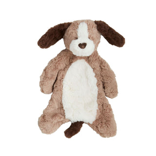 Plush dog toy with brown and white fur on a white background