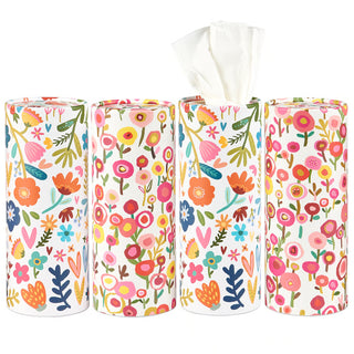 Four floral-patterned tissue boxes on a white background