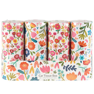 Floral-patterned car tissue box with three rolls on a white background